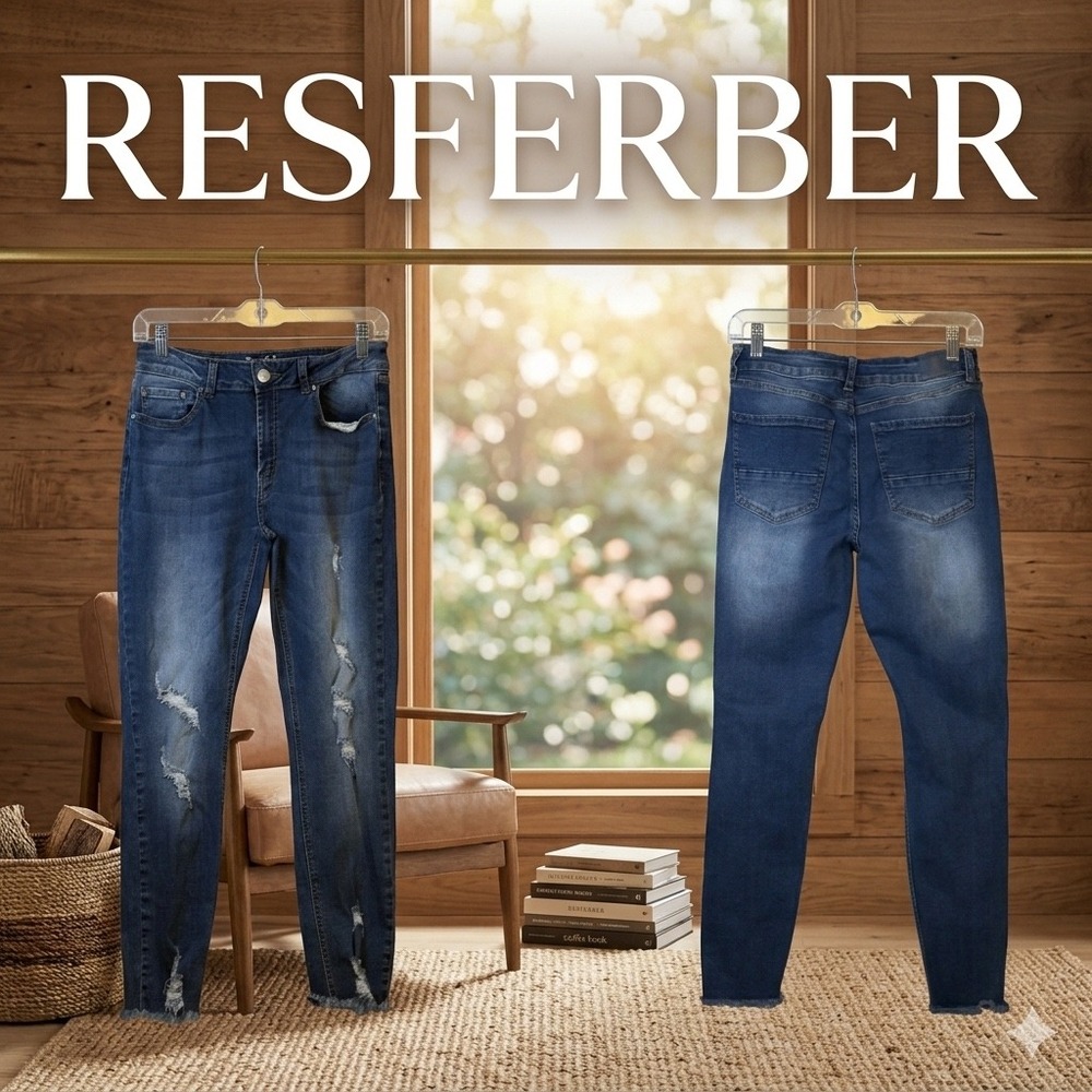Resfeber Los Angeles Distressed Skinny Jeans Medium Wash Frayed Hem Womens